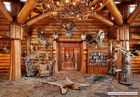 Home Decorating Accessories on Animal Mounts Is The Focus Of The Log Home Decorating In This Room