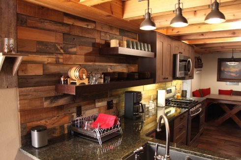 reclaimed wood tile backsplash